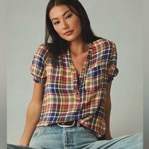 Pilcro Puff-Sleeve Blouse in Assorted Patch Pocket Button Plaid Women’s XXS